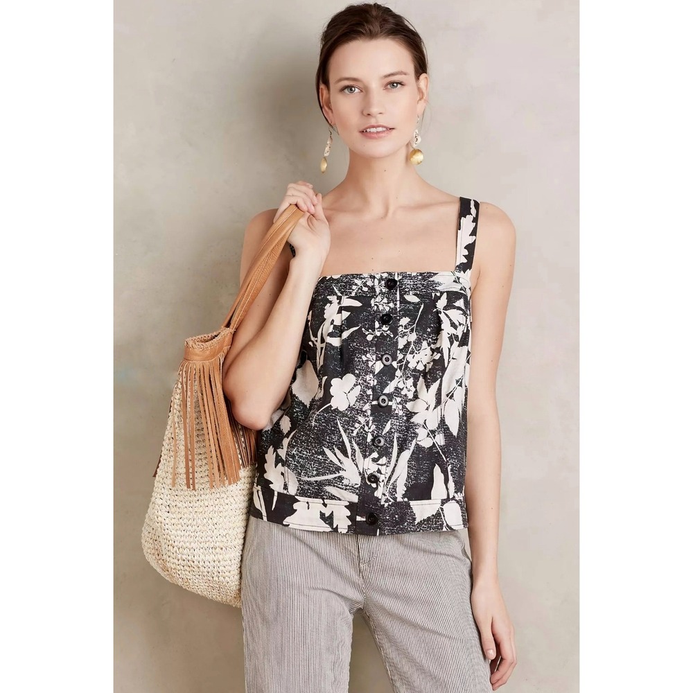 HD in Paris Anthropologie Laurel Tank Camisole Women 4 Black Floral Linen Blend